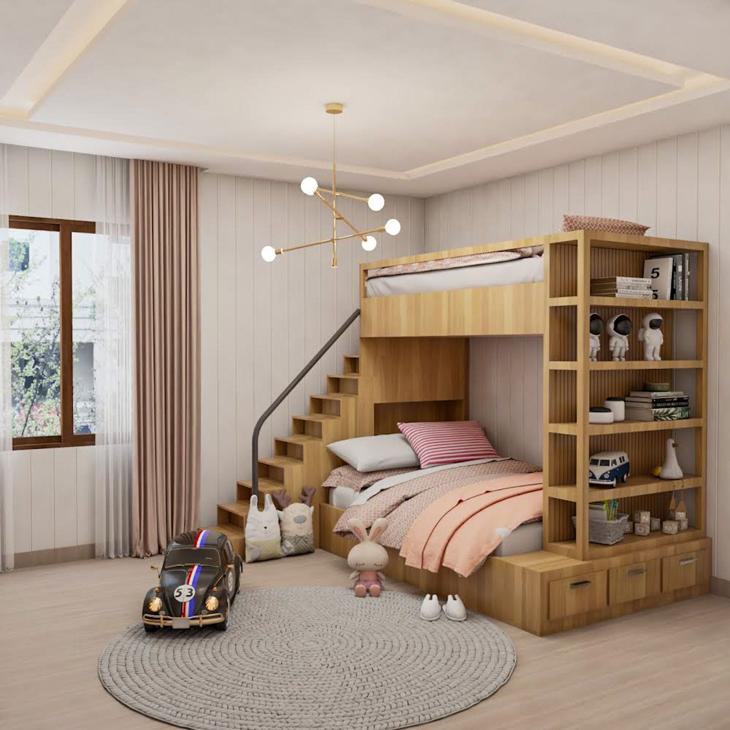 Space-Saving Modern Kids Bedroom Design With Bunk Bed & Vertical Grooves | Livspace