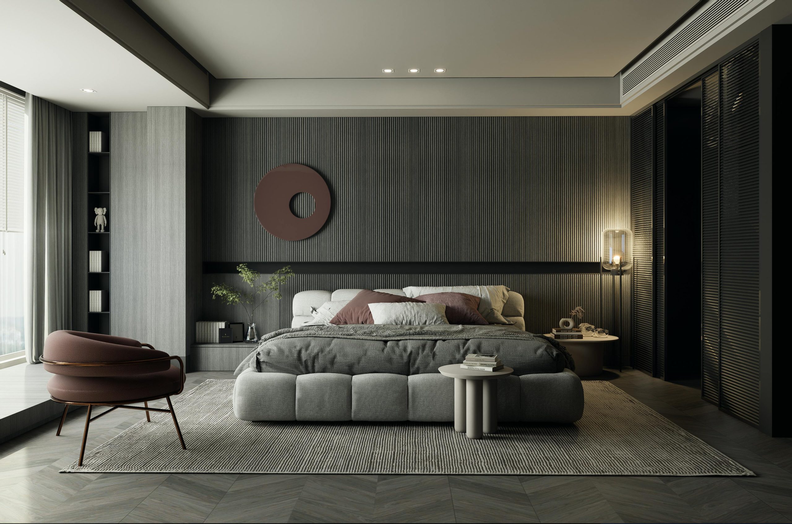 Stylish modern bedroom interior with a grey color palette and minimalist design featuring chic furnishings.
