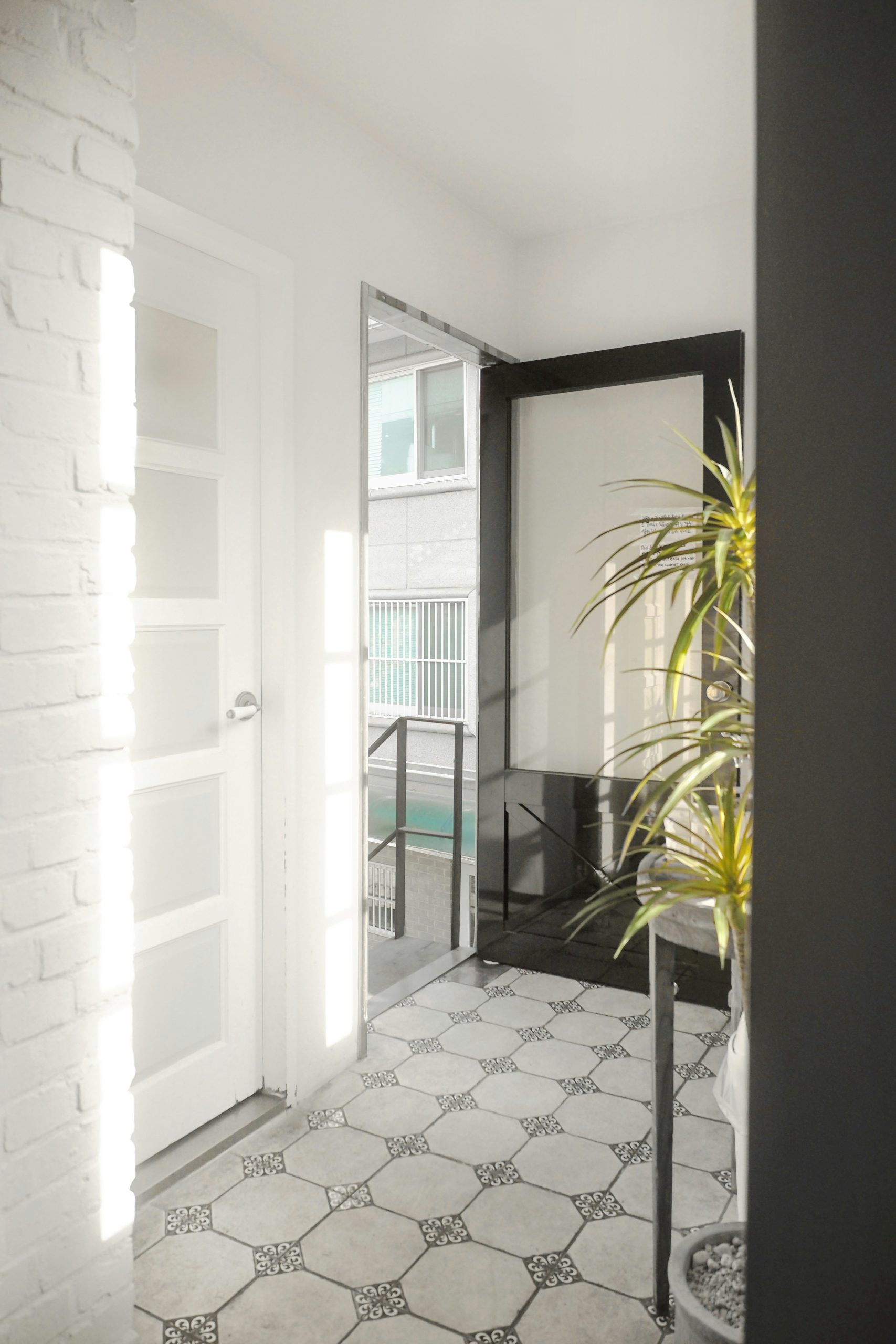 Sunlit hallway with patterned tiles and potted plant