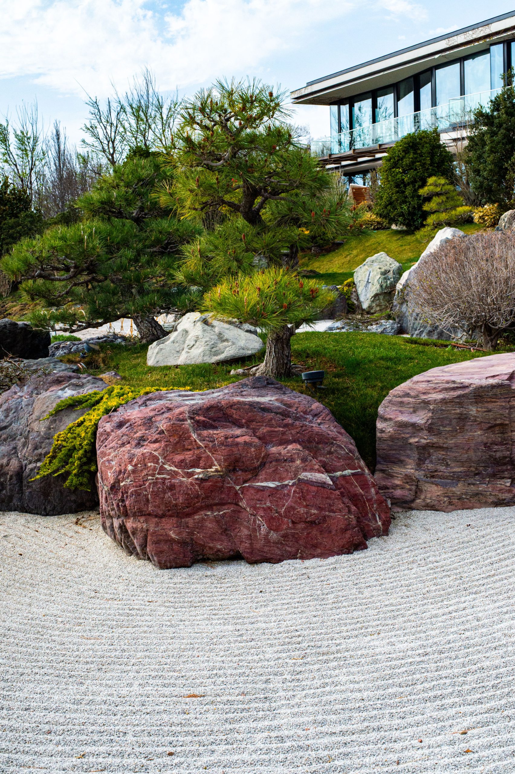 Tranquil Japanese garden landscape featuring rocks and pine trees.
