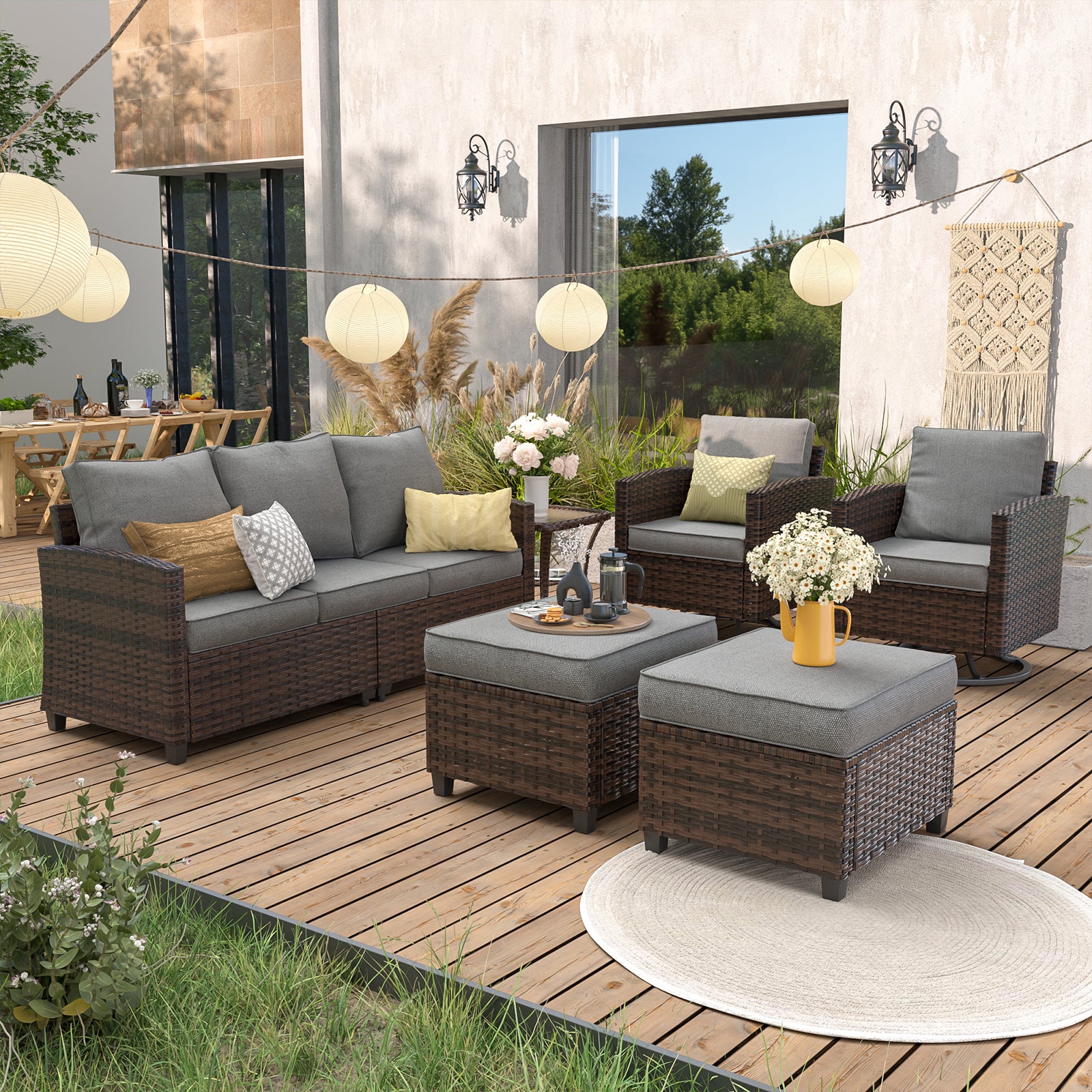UDPATIO Patio Furniture Set, 6 Pieces Outdoor Sectional Couch, Brown Wicker Rattan Conversation Sofa with Swivel Rocking Chair, 4' Thick Cushion for ...