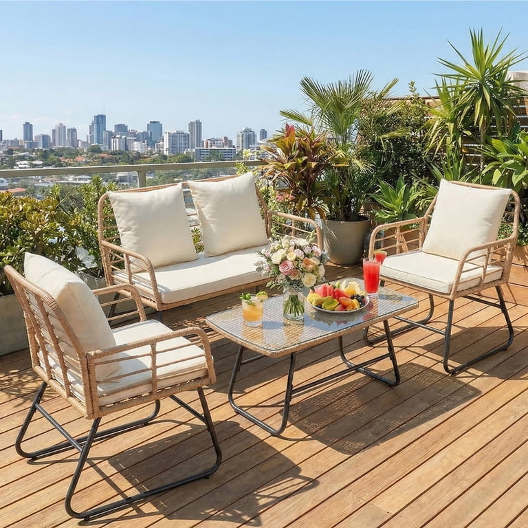 Wicker Patio Patio Set For Small Balcony Gianna Piece Patio Furniture Set, Outdoor Patio Seating Set For Apartment Balcony, Space-Saving Rattan Conversation Set With Loveseat And Side Table