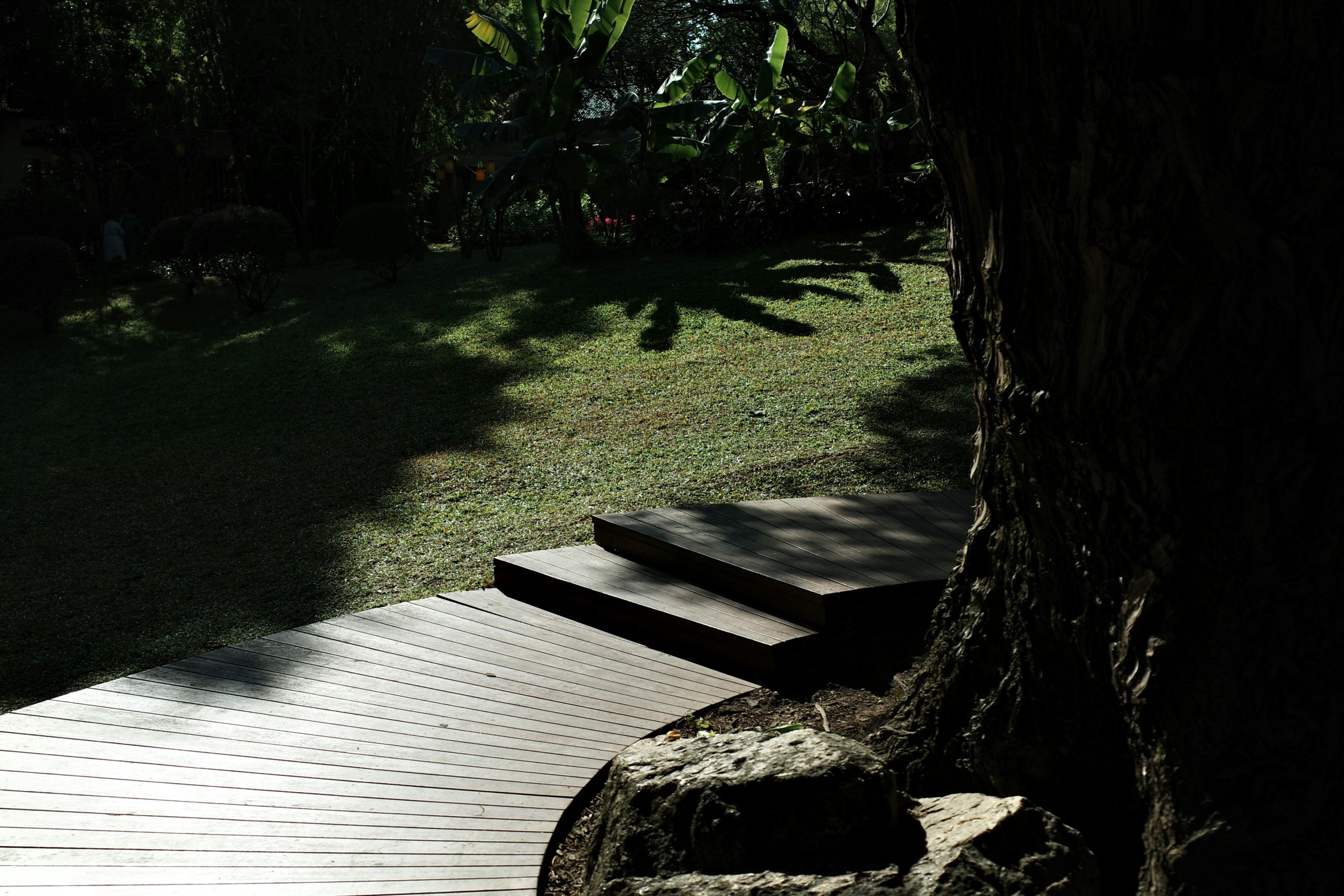 Wooden deck and steps leading to a grassy yard.