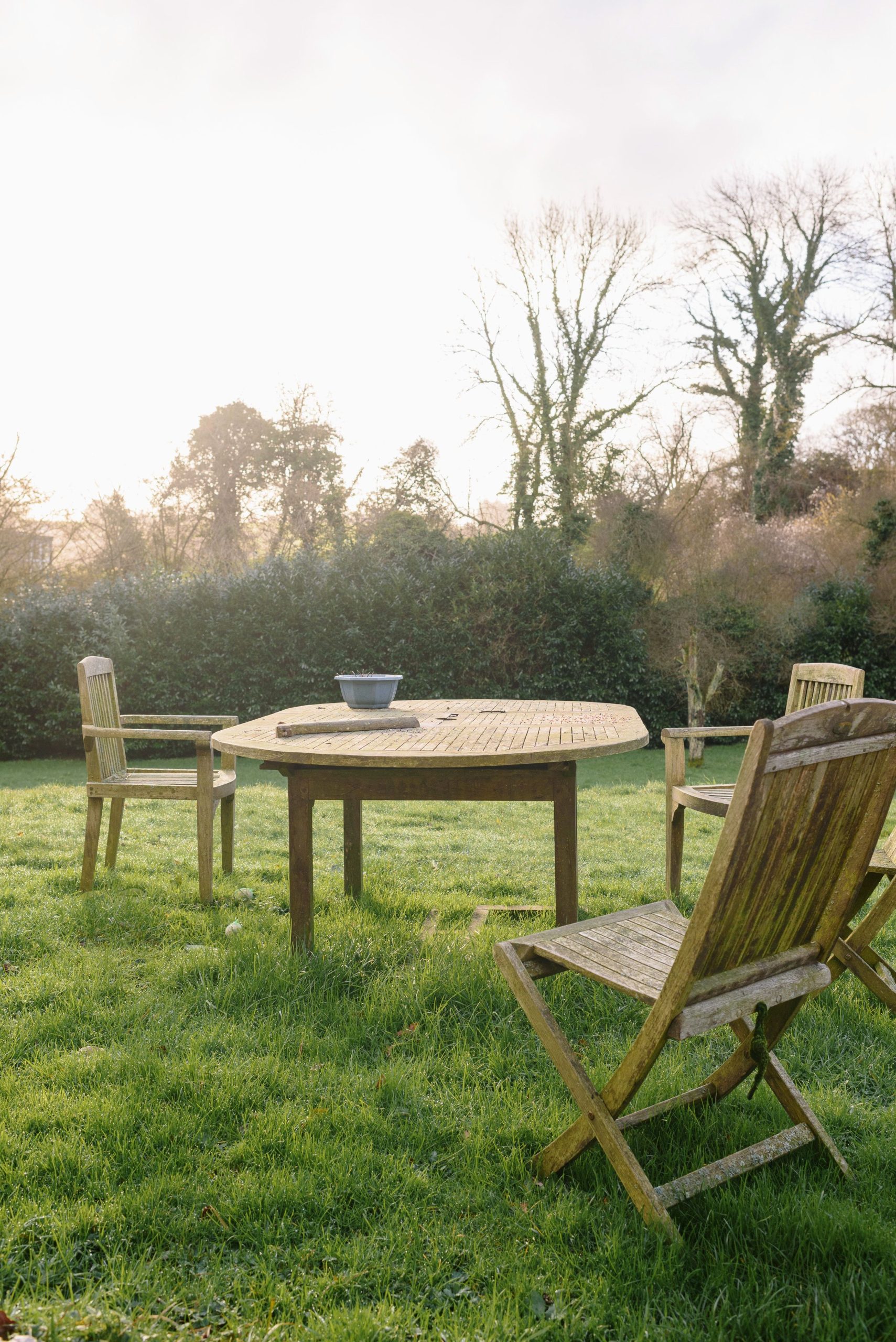 Wooden table and chairs on a lush lawn in a serene garden setting during summer.